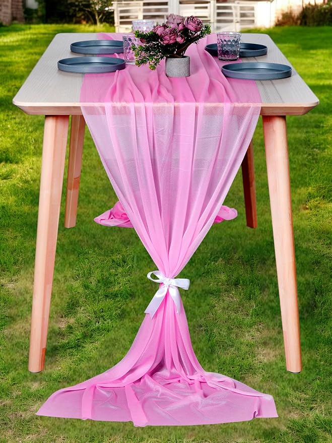 MDS 15 Pack 10ft Chiffon Table Runner 29 x 120 Inches Sheer Wedding Runner Romantic Rustic Table Runner for Wedding Decorations, Birthday Parties, Bridal Shower Party Arch Decor - Bubblegum Pink