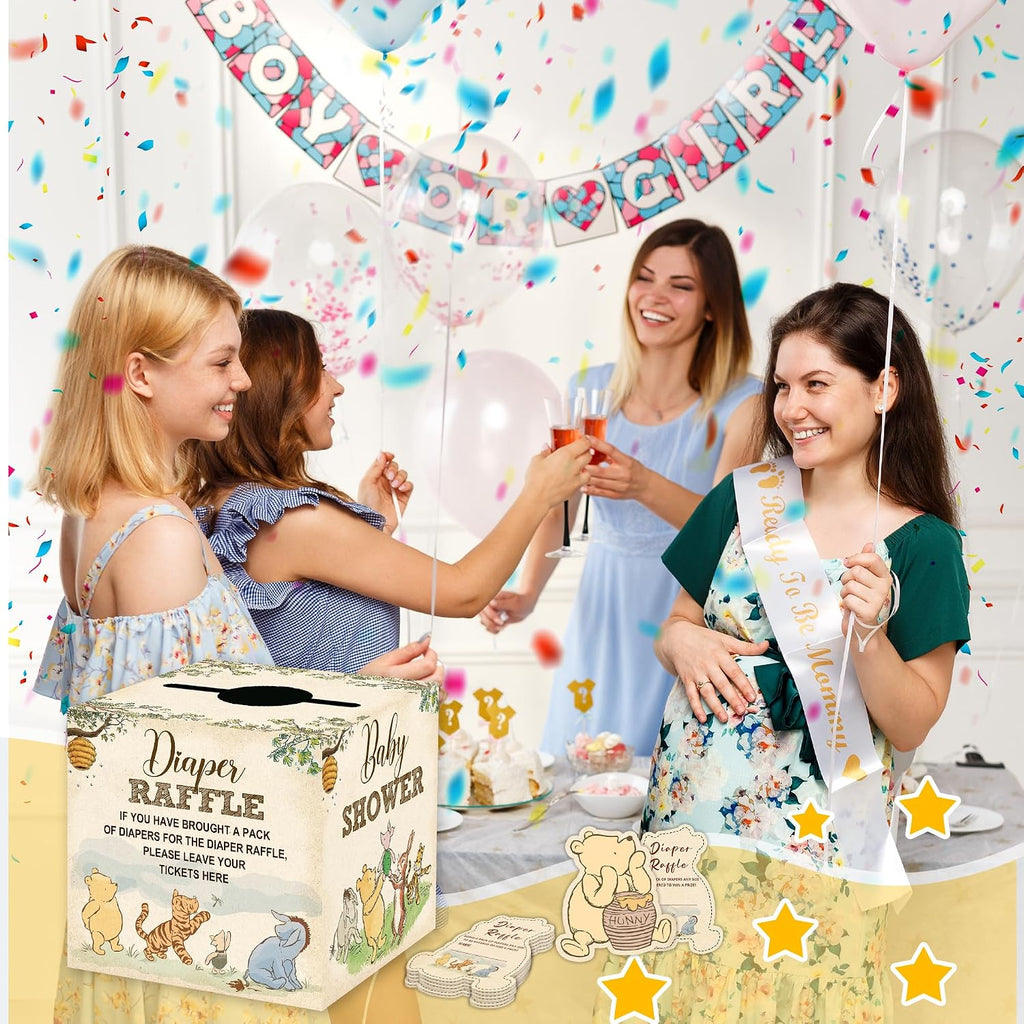 Winnie Baby Shower Decorations, Pooh Party Decorations, The Pooh Baby Shower Games, Winnie Diaper Raffle Box with 50Pcs Cards，Newborn Party Favors Boys and Girls First Birthday Supplies