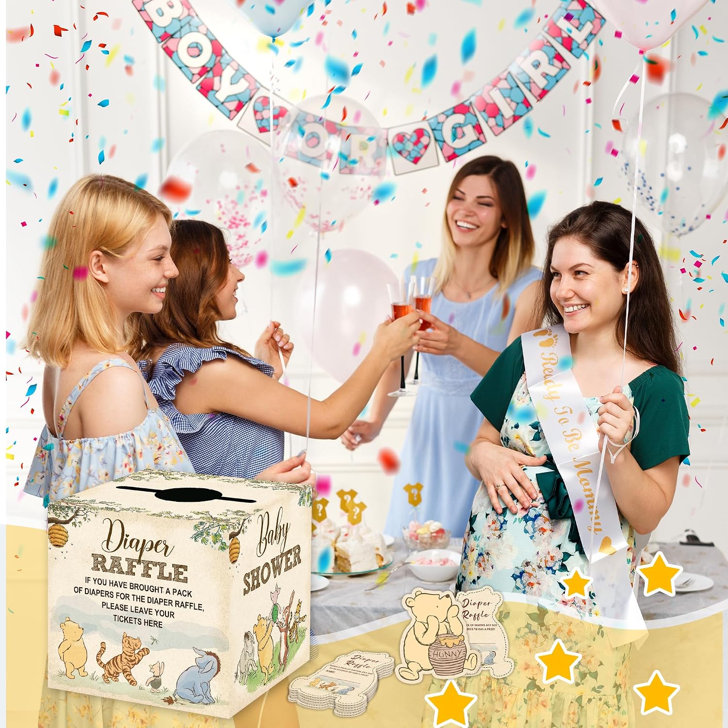 Winnie Baby Shower Decorations, Pooh Party Decorations, The Pooh Baby Shower Games, Winnie Diaper Raffle Box with 50Pcs Cards，Newborn Party Favors Boys and Girls First Birthday Supplies