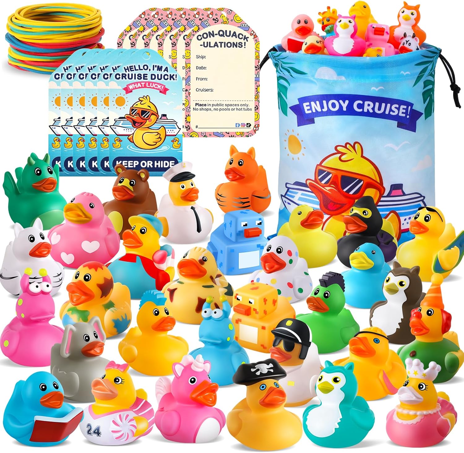 100 Pcs Cruise Rubber Ducks Kits Include 30 Cruise Ducks with 30 Cruising Duck Tags 40 Rubber Bands and 1 Duck Bag, Bulk Ducks for Cruise Ships Hiding Carnival Ducking Cruise Essentials