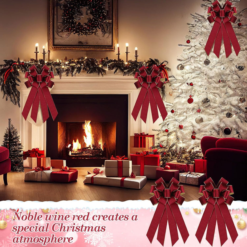 Yinkin 12 Pack Christmas Velvet Wreath Bows 11.4"x19.6" Large Christmas Tree Topper Bow for Winter Xmas Home Party Front Door Fireplace Stairs Railing Mailbox Decor (Wine)