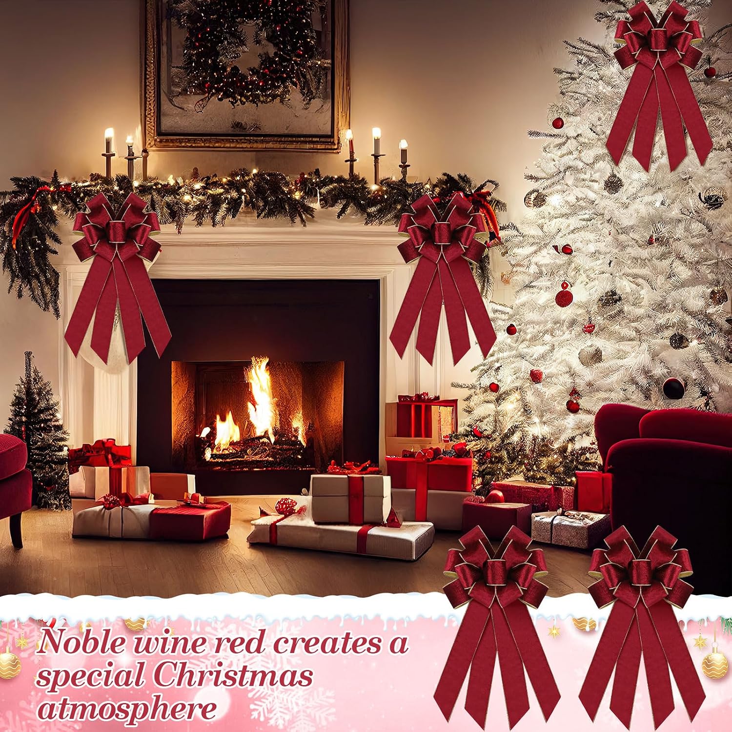Yinkin 12 Pack Christmas Velvet Wreath Bows 11.4"x19.6" Large Christmas Tree Topper Bow for Winter Xmas Home Party Front Door Fireplace Stairs Railing Mailbox Decor (Wine)
