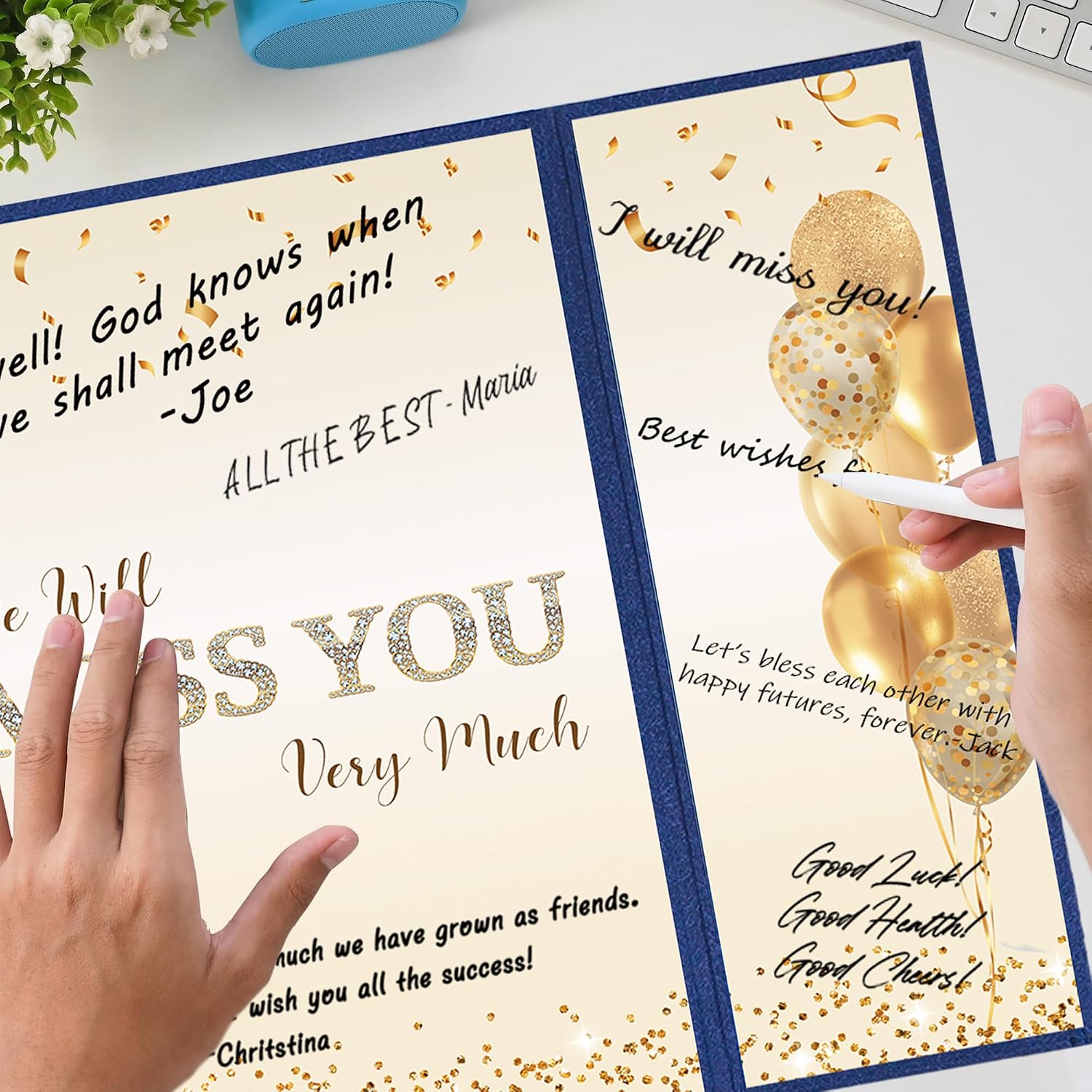 DARUNAXY Blue Gold Farewell Party Decorations, We Will Miss You Very Much Alternative Signature Guest Book for Men Women Going Away Gifts Signing Card Board for Retirement Graduation Party Supplies