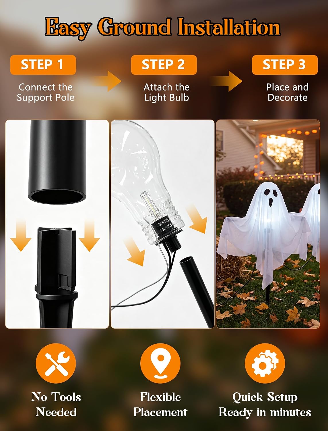 11.5FT Halloween Ghost Pathway Lights Outdoor, 4 Pack LED Lawn Stake Lights