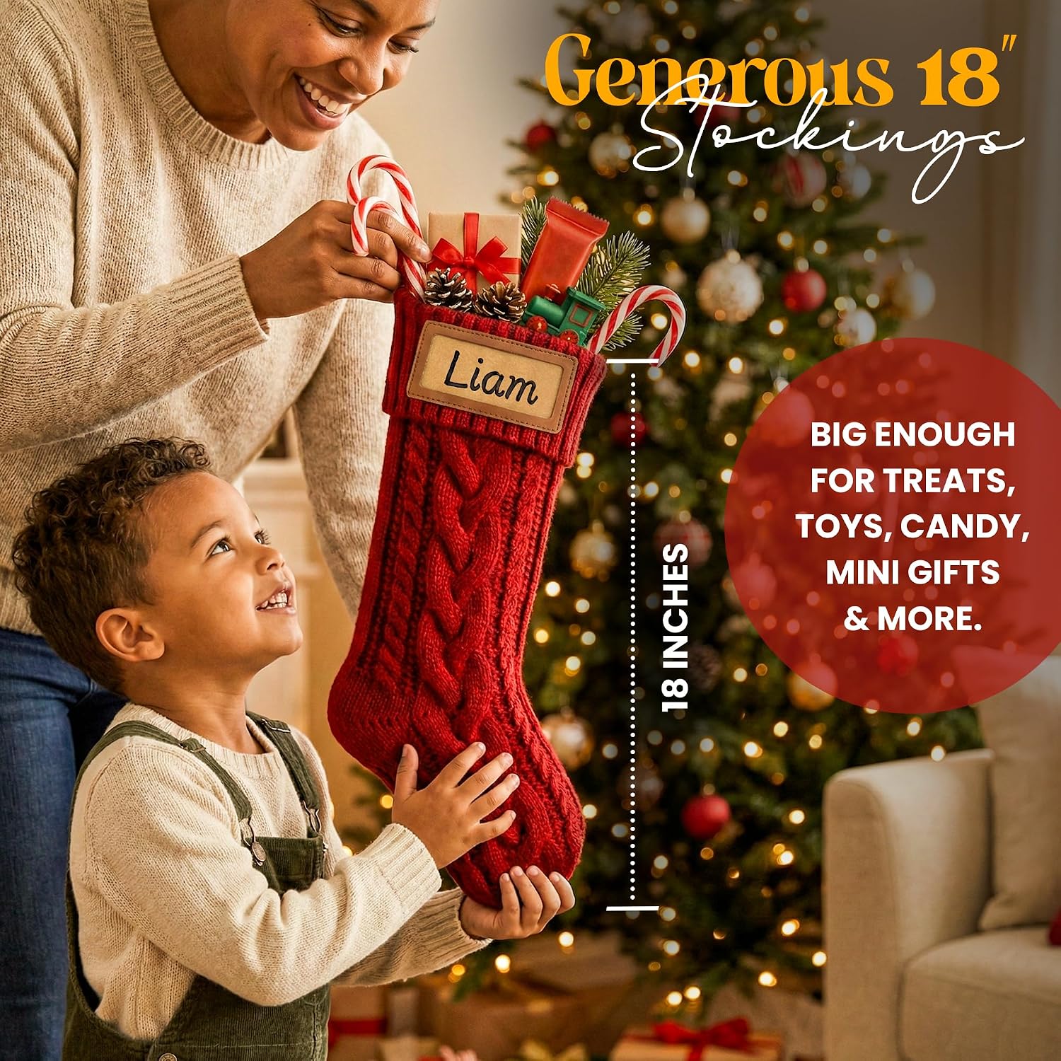KAHF Personalized Christmas Stockings - 18” Large Luxury 4 Pack Knitted Xmas Stocking for Christmas with Custom Names Family Stockings for Kids Christmas Holiday Decor Fireplace Decoration