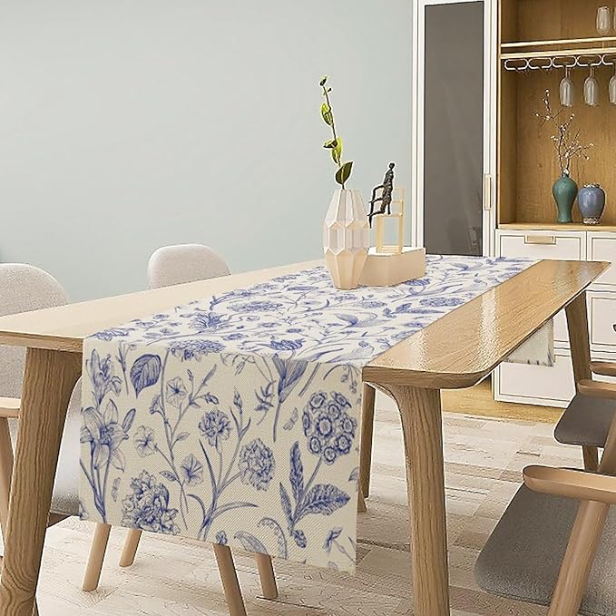 Monochrome Sketch Flowers Table Runner, Seasonal Spring Fall Plants Blue Florals Dinner Runner for Home Kitchen Dining Table Party Holiday Decoration 13"x70"