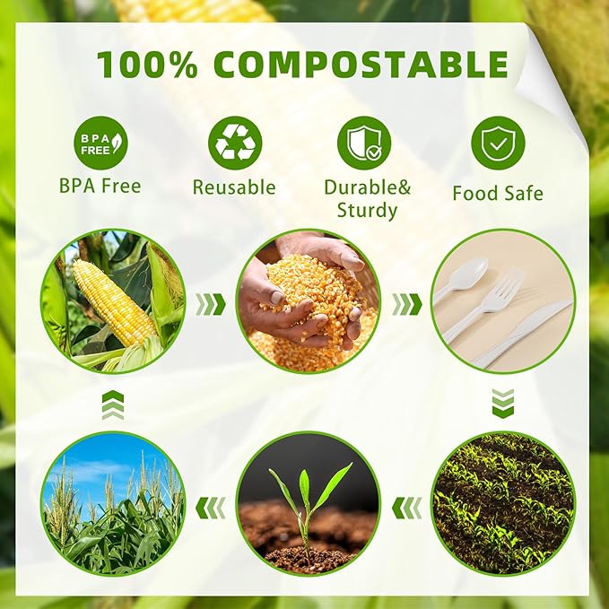 300 Count 100% Compostable Silverware, Ivory White Disposable Silverware, Plastic Forks Spoons Knives Bulk, Compostable Utensils No Plastic Silverware, Compostable Cutlery for Party Office Wedding