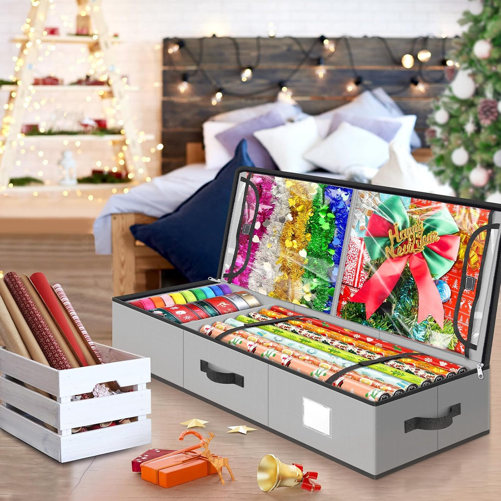 BlessedSeason Wrapping Paper Storage Organizer for 40 Inch Christmas Gifts Wrapping Paper, 2 Visible Supplies Pockets for Holiday Accessories, Christmas Decoration Storage Containers, Grey