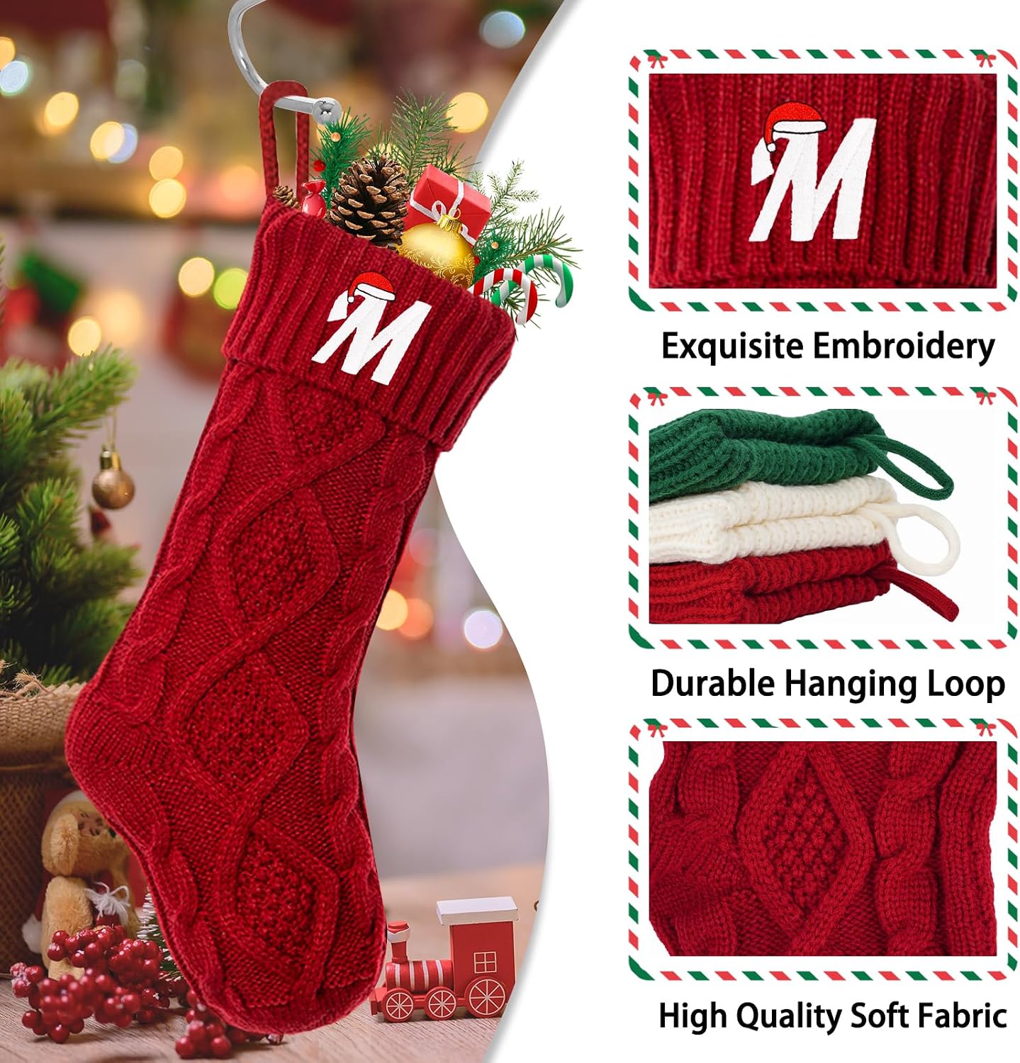 Christmas Stockings with Initials, Personalized Custom 18" Large Embroidered Monogram Knit Kids Xmas Stocking Holiday Party Fireplace Family Hanging Stocking Decoration Red Letter M