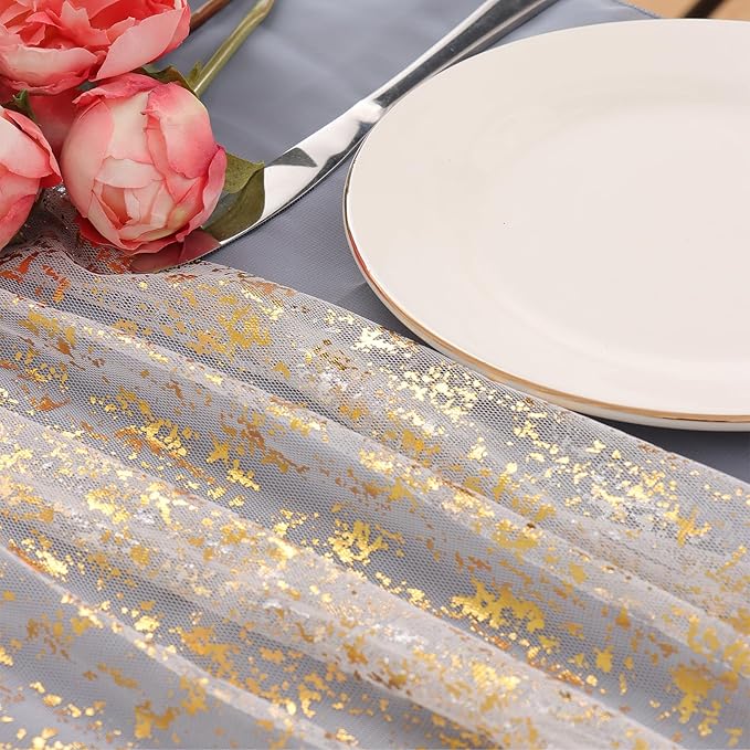 LOMOHOO 10 Ft Gold Table Runner, Golden Sheer Sequin Table Runners 120 Inches Long Glitter Metallic Foil Lace Fabric Table Decor for Birthday Party Wedding Anniversary Centerpiece (2pcs)