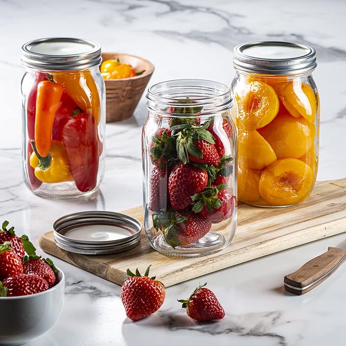 [6 Pack] 32 oz. Wide-Mouth Glass Mason Jars with Metal Airtight Lids and Bands 1 quart Large for Canning, Preserving, & Meal Prep