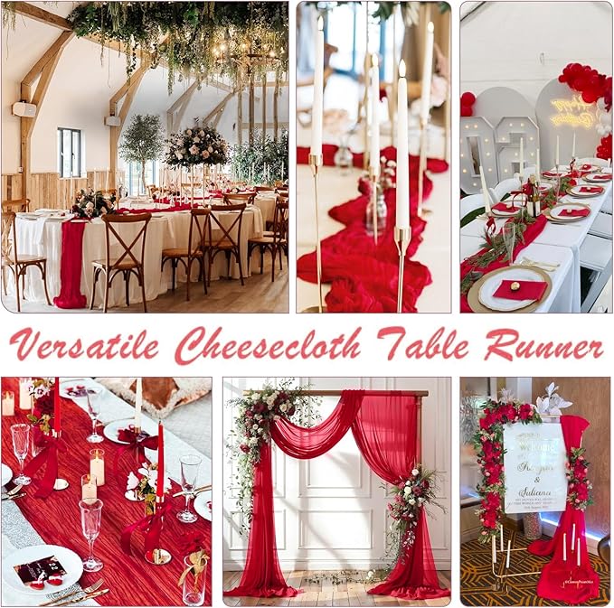 3 Pack Red Cheesecloth Table Runner Gauze Christmas Table Runner 35x120 Inch Rustic Boho Cheese Cloth Sheer Runner for Wedding Baby Shower Bridal Shower Birthday Party Holiday Decorations