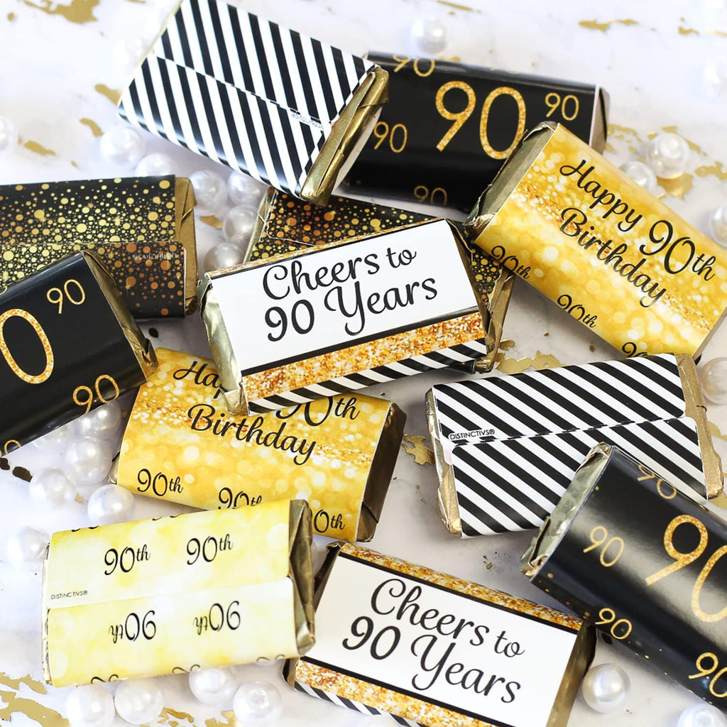 Black and Gold 90th Birthday Party Mini Candy Bar Wrappers, 90th Birthday Decorations - 42 Stickers