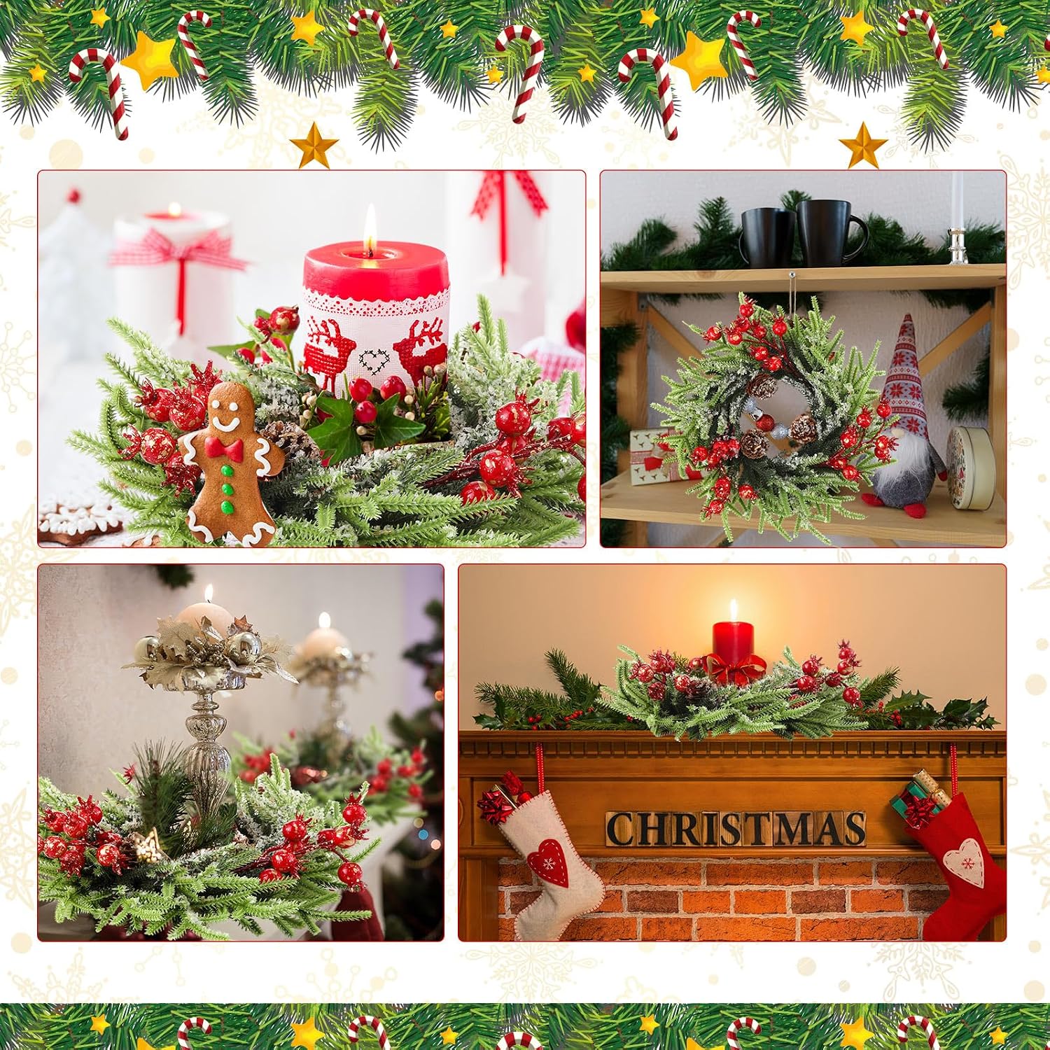 8 Pcs Christmas Candle Rings - 10 Inch Artificial Berries Pine Cone Wreaths for Pillar Table Centerpiece Decoration - Rustic Holiday Wedding Holder