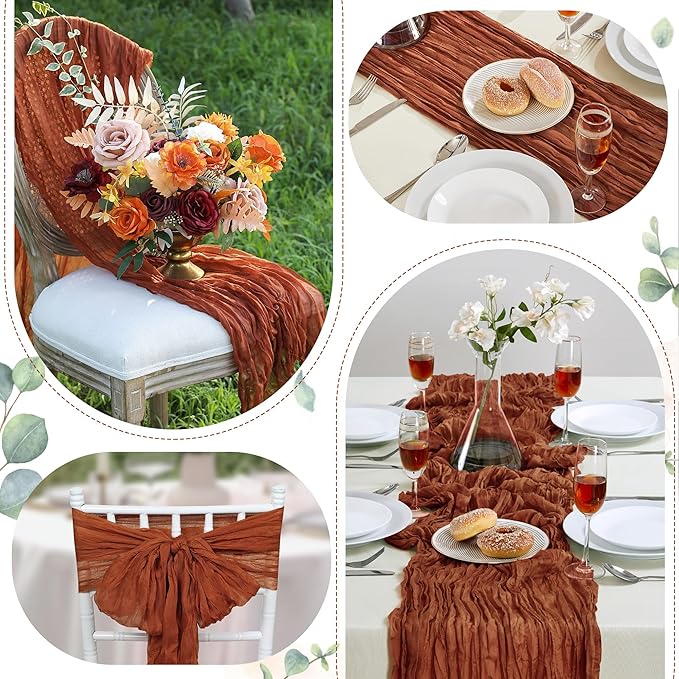 12 Pack Terracotta Cheesecloth Table Runner 10FT Long Boho Gauze Table Runner Rustic Sheer Runner for Wedding Bridal Baby Shower Birthday Party Table Decor Fall Thanksgiving Christmas Decor