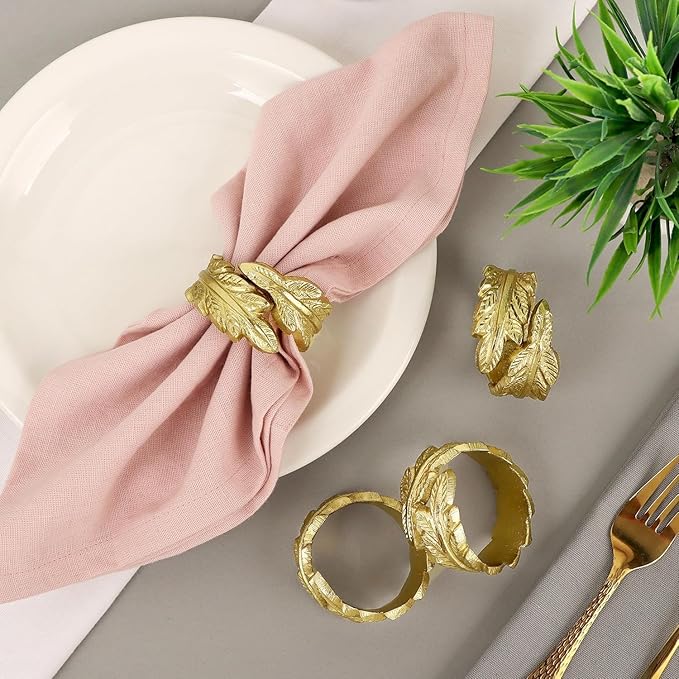 Gold Leaf Napkin Rings Set of 12 - Round Metal Napkin Holders for Dining Table Settings - Elegant Leaf Design for Weddings, Parties, Holiday Décor, Family Dinners & Special Occasions - CLEENTABLE