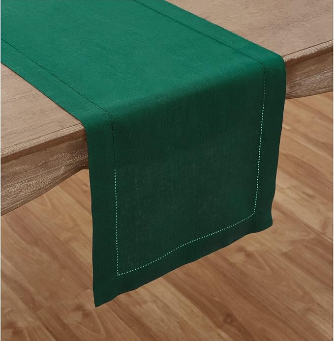 Solino Home Linen Rainforest Green Hemstitch Table Runner 60 Inches - 100% Pure Linen Small Table Runner 14 x 60 Inch Ideal for Dresser and Coffee Tables - Classic Hemstitch - Christmas, Thanksgiving