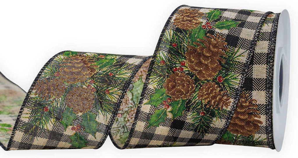 HATIANGE Pinecone Christmas Burlap Ribbon with Black White Plaid Wired Ribbon, 2-1/2 Inch x 11Yards, for Xmas Home Decor, Gift Wrapping, Bow Making, Wreath, DIY Crafts