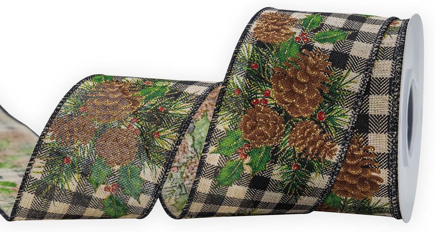 HATIANGE Pinecone Christmas Burlap Ribbon with Black White Plaid Wired Ribbon, 2-1/2 Inch x 11Yards, for Xmas Home Decor, Gift Wrapping, Bow Making, Wreath, DIY Crafts