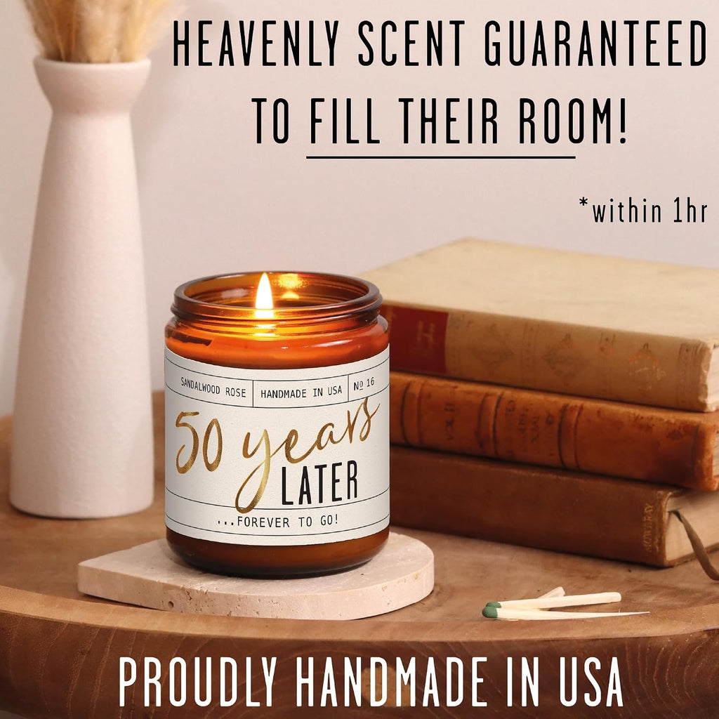 50th Wedding Anniversary Gifts, 50th Anniversary Gifts for Couple - '50 Year Later' Candle, w/Sandalwood Rose - infused w/Essential Oils I 50 Year Anniversary Gifts for Wife I 50Hour Burn I USA Made