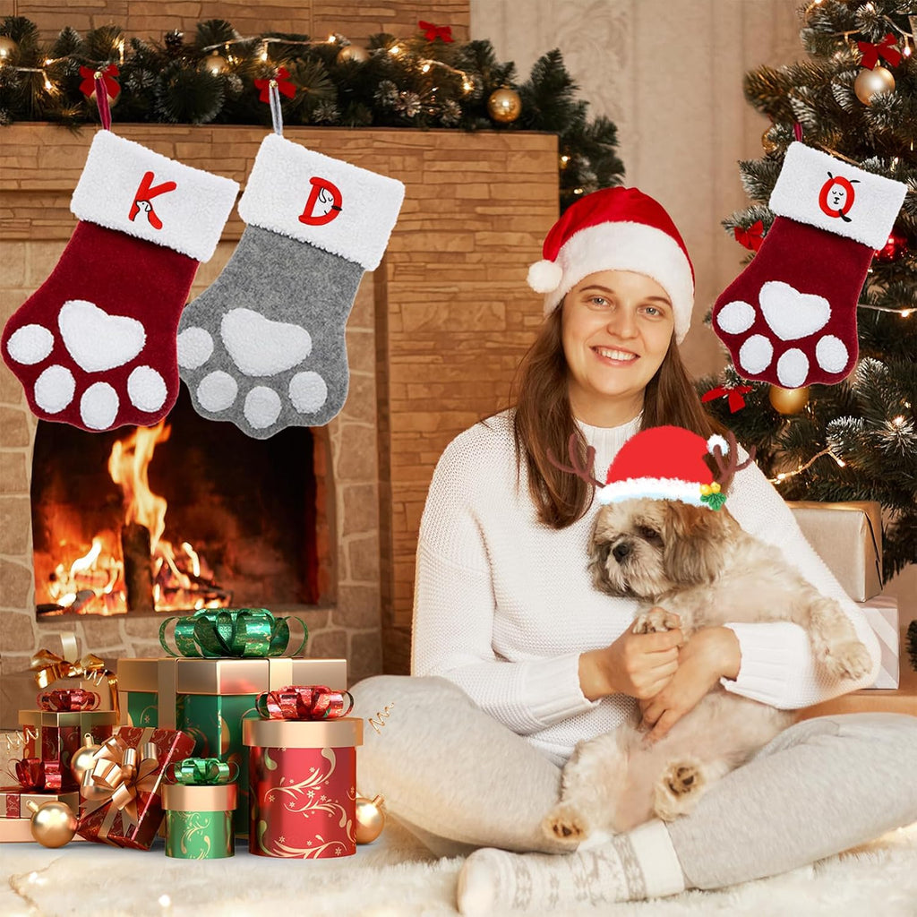 Pet Christmas Stockings with Initials, Personalized Dog Cat Paw Xmas Stockings with Letters, 17.5 in Embroidered Monogram Christmas Stockings for Pets, Red Letter B