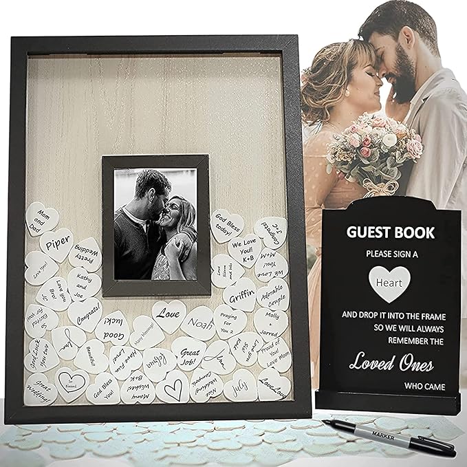 Wedding Guest Book Alternative, Registry Item,12x16 Picture Frame, 70 Pcs Welcome Sign, Gift, White Hearts, Baby Shower Registry, Anniversary, Funeral, Memories (Black)