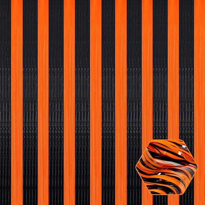 6 Pack Black Orange Foil Fringe Curtain Backdrop, 3.28Ft x 8.2Ft Metallic Tinsel Foil Fringe Streamer Curtains for Photo Booth, Birthday, Wedding, New Year Party Decorations