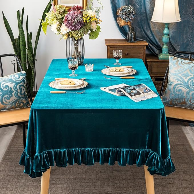 Velvet Tablecloth Luxurious Solid Rectangle Table Cloth,Oblong Retro Farmhouse Ruffle Tablecloths Washable Table Cover for Party Wedding Baby Shower Kitchen Dinning Tabletop Decoration