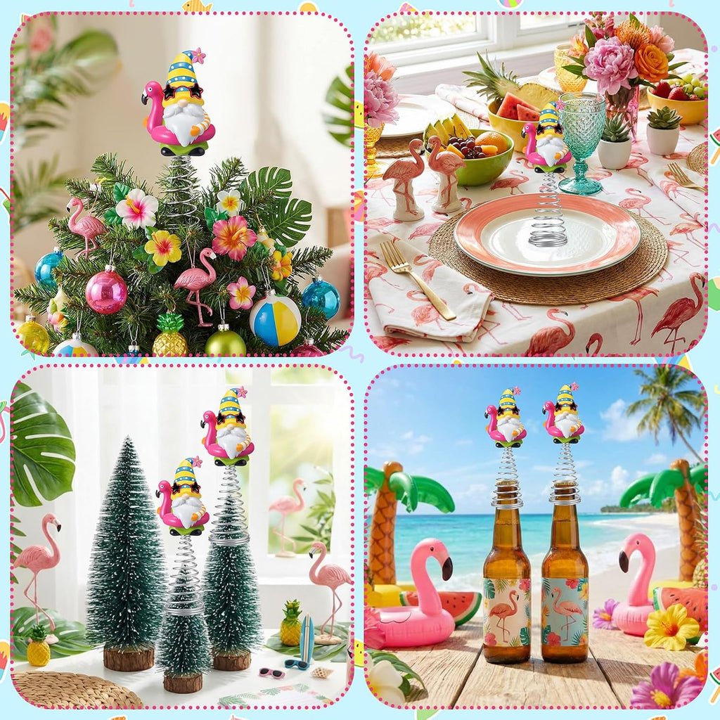 Gejoy Summer Flamingo Gnome Mini Tree Topper 5.1 Inch Tropical Beach Gnome with Spring Base, Mini Summer Tree Top Decorations for Luau Hawaiian Party Tiered Tray Tabletop Decor