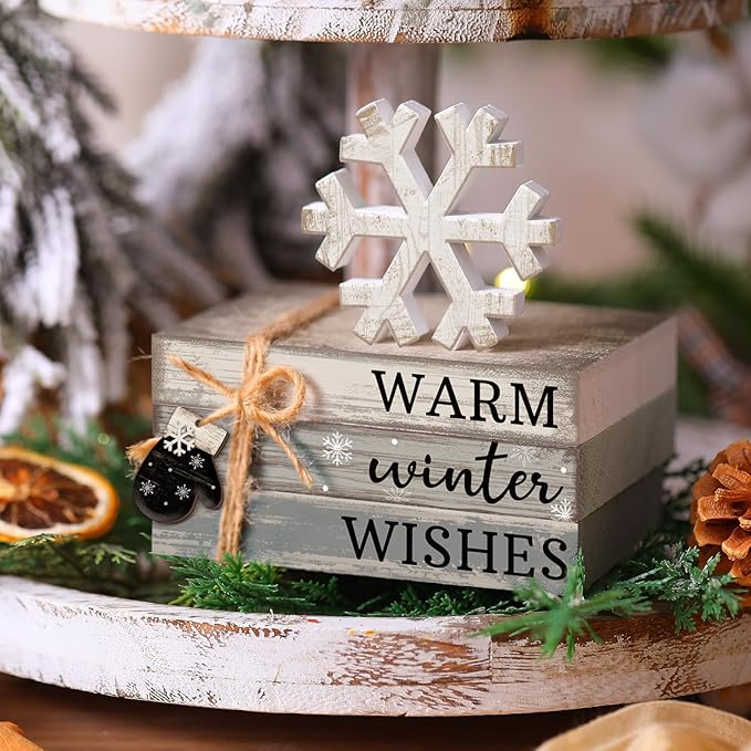 4 Pcs Winter Christmas Decor Winter Table Decorations Christmas Tiered Tray Decor Centerpiece Decorations Indoor Rustic Wooden Snowflake Block Sign Gift Farmhouse for Home Kitchen Shelf