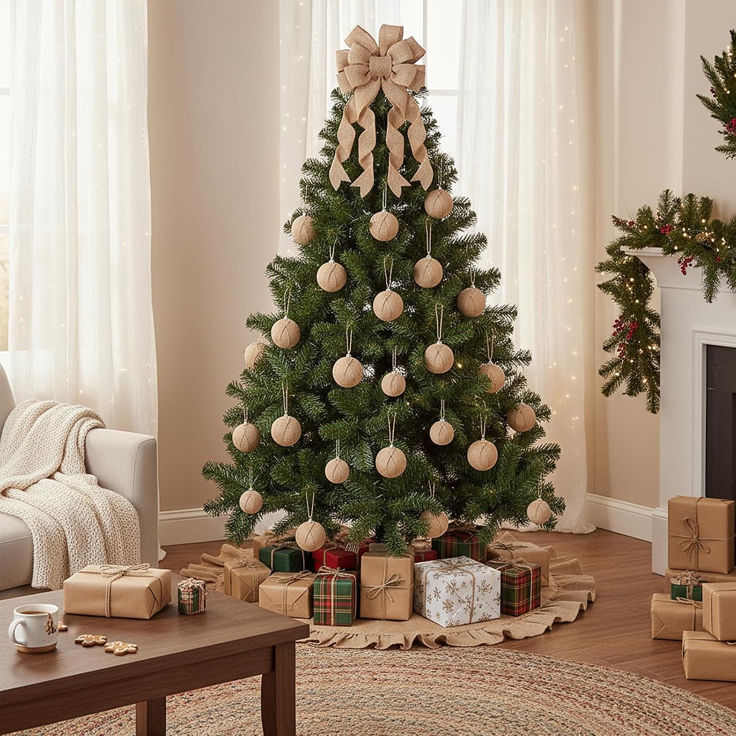 Syhood Christmas Tree Burlap Decorations 12 x 33 Inch Christmas Tree Topper Decorative Big Hanging Bow, 16 Pcs Burlap Xmas Ball Ornaments and 40 Inch Double Layer Skirt(Linen)