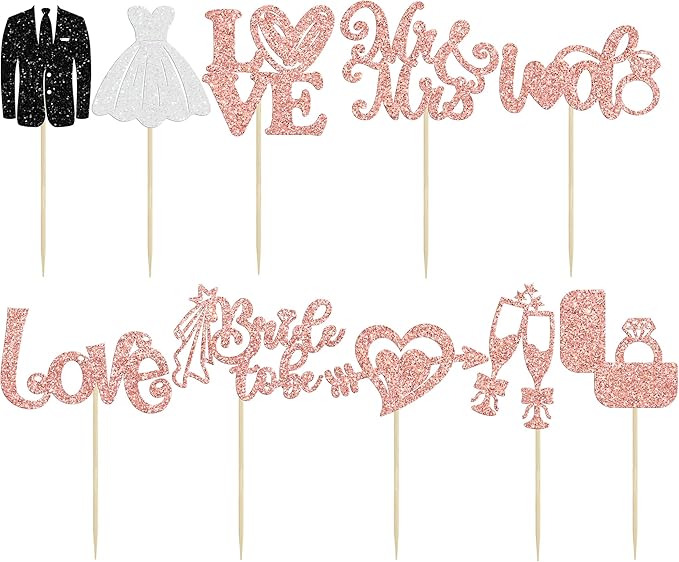 Ephlyn 30Pcs Bride to be Cupcake Toppers Glitter Wedding Cake Topper Decorations I Do Love Heart Ring Cupcake Picks for Bridal Shower Wedding Engagement Party Supplies Rose Gold