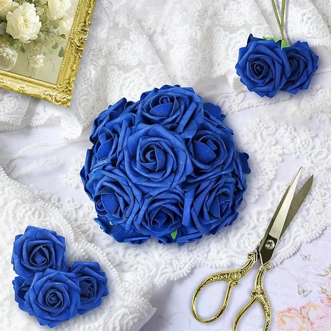 N&T NIETING Artificial Flowers Roses 25Pcs Fake Flowers Foam Roses with Stems for Halloween DIY Wedding Bridesmaid Bridal Bouquets Centerpieces Party Home Decoration Baby Shower, Navy Blue