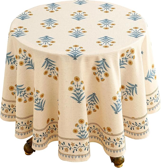 ISAENNE Designer French Pale Yellow Round Tablecloth,Linen Floral Table Cloth,Wrinkle Resistant Decor Tablecloths for Dining Thanksgiving Banquet Kitchen Party,Diameter 67"-Estevan A