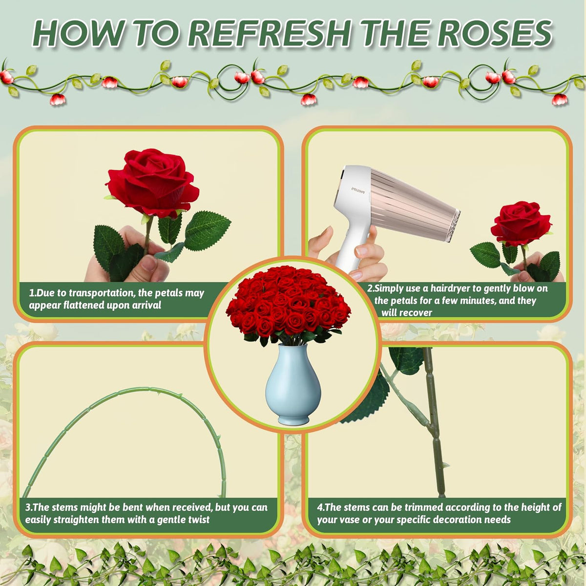 50PCS Artificial Red Roses Bulk Realistic Silk Fake Flowers with Long Stems