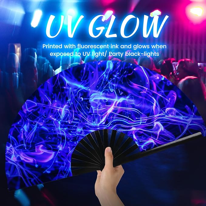 SYNTECSO Folding Hand Fan for Rave, Popping Fan for Line Dancing, Drag Queen, Women and Men Gift，Chinese Japanese UV Glow Clack Fan for Parties, Music Festivals, EDM and Decoration
