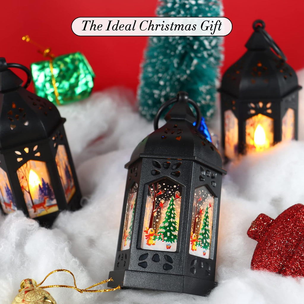LLQ 12Pcs Christmas Decorations Mini Lanterns with Xmas Pattern & Flicker LED Candles, Vintage Christmas Centerpieces, Black Lantern Decorative, Small Candle Holder for Holiday Party Table, Ornaments