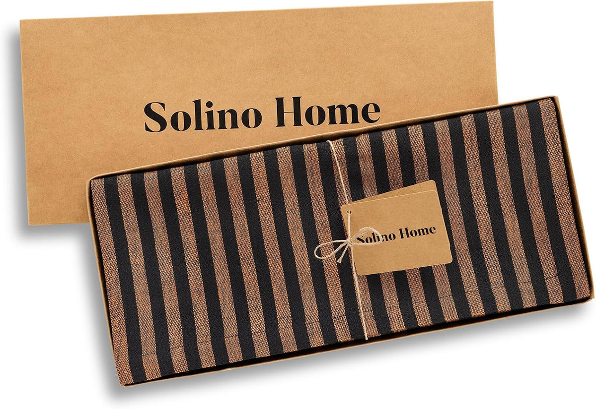 Solino Home 100% Linen Table Runner, 14 x 72 in, Pumpkin and Black Striped