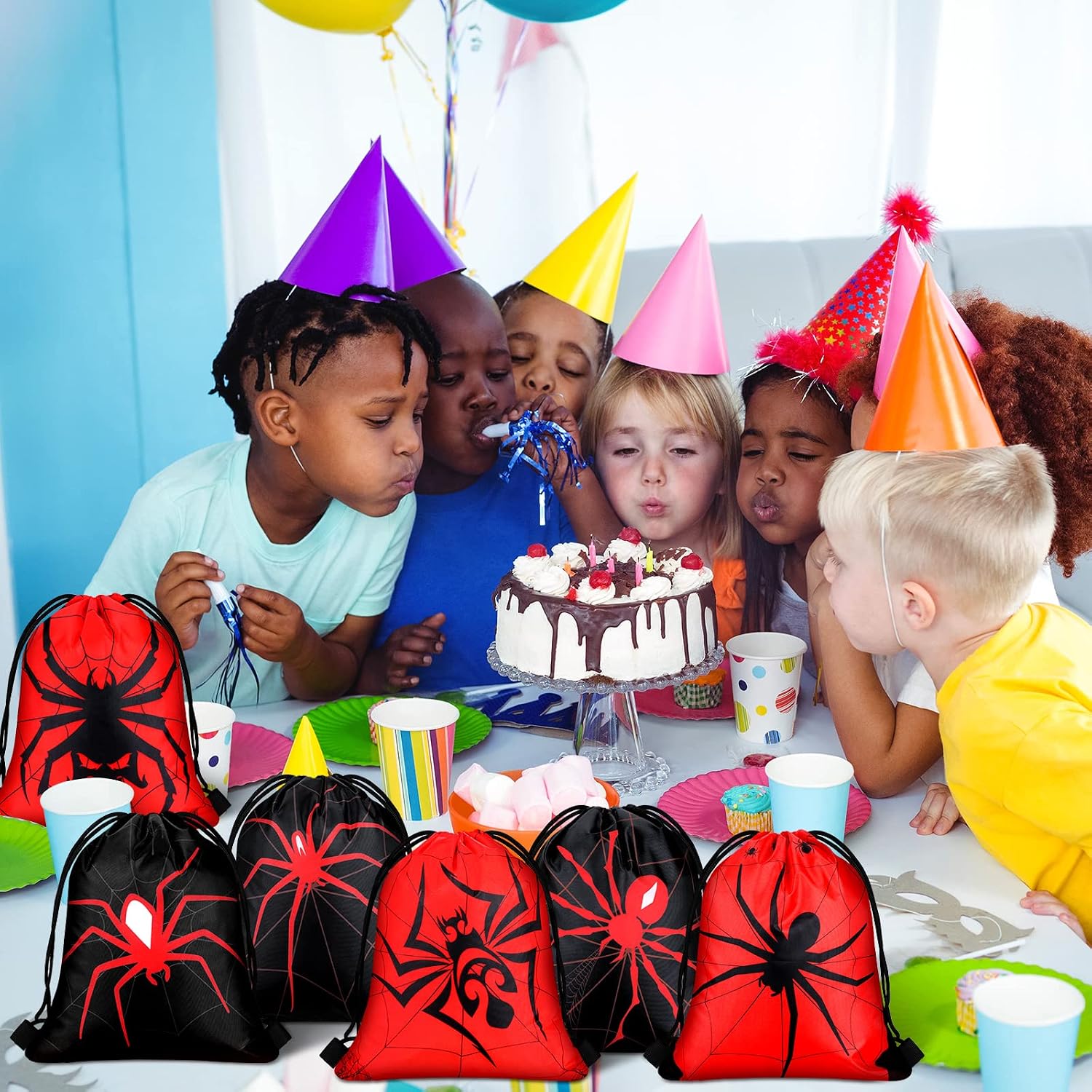 Lothee 24 Pcs Spider Drawstring Goodie Gift Bags Birthday Party Favors Spiderweb Candy Treat Bags for Birthday Party Supplies (Novel Style)