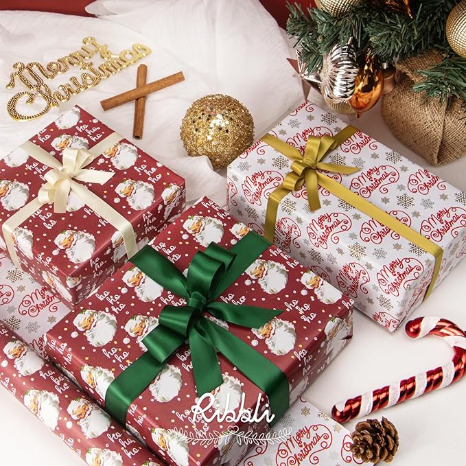 Ribbli Christmas Wrapping Paper Reversible Vintage Santa and Merry Christmas Red White Gift Wrapping Paper Rolls-17 Inch x 33 Feet