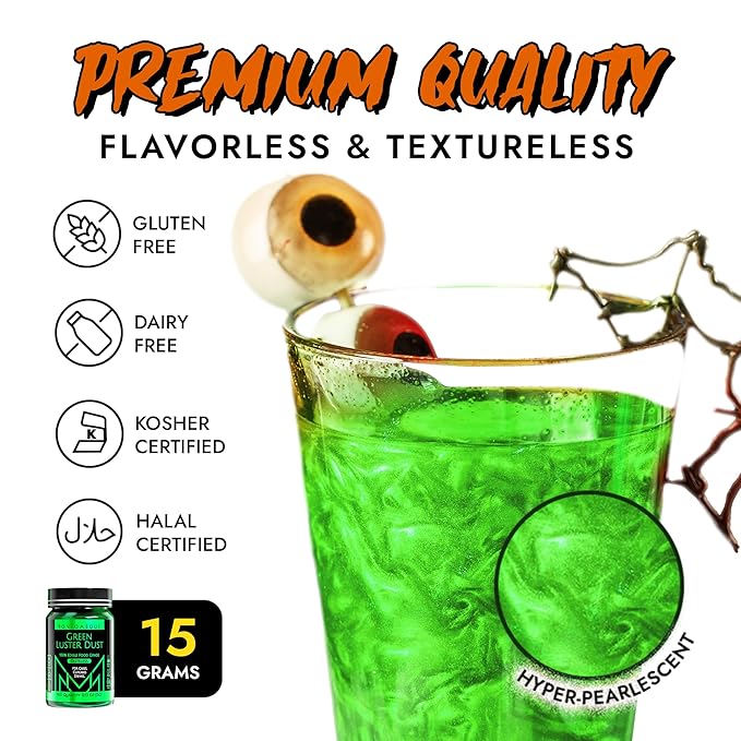 MONÉGASQUE Green Edible Glitter for Drinks 15g – Halloween Edible Glitter for Cakes & Cocktails – Luster Dust for Drinks & Cake Decorating – Cocktail Drink Shimmer Powder – Green Food Coloring Spray