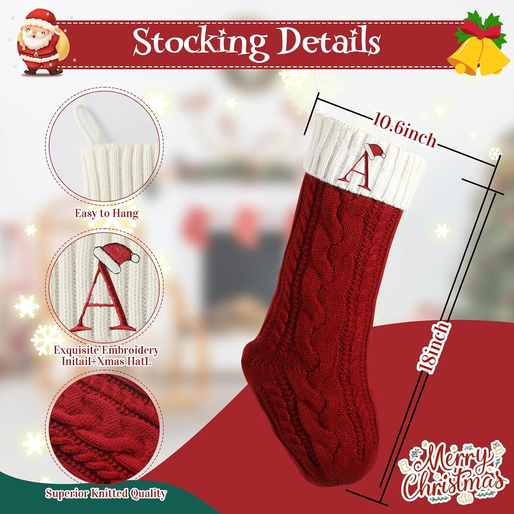 Christmas Stockings with Initials, 18" Large Embroidered Monogram Knit Family Christmas Stocking, Red Xmas Stocking for Kids, Christmas Decoration for Family Fireplace Holiday Party(Letter A)