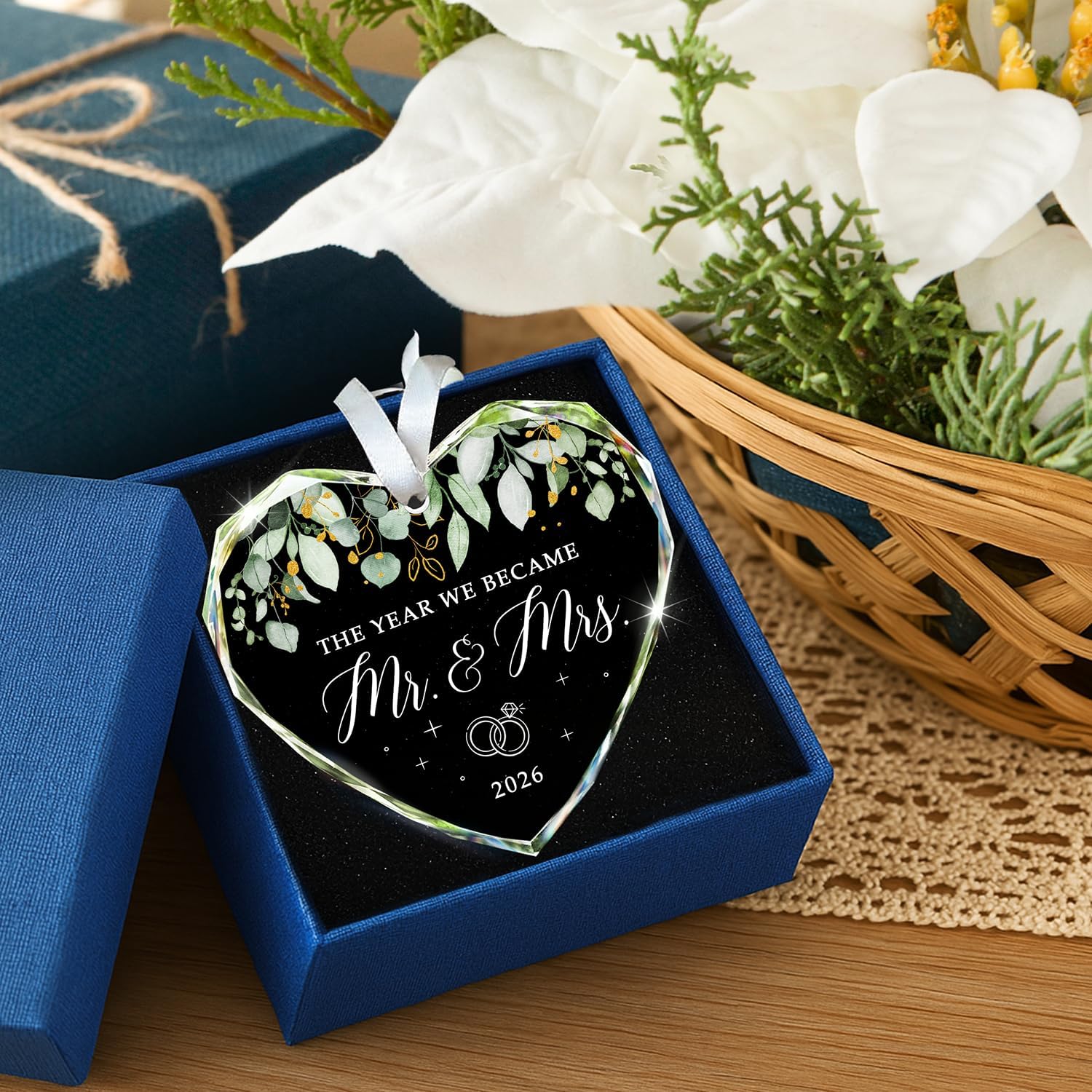 HEXMOZ Wedding Gifts for Couples 2026 - Bridal Shower Gifts, Bride Gift | Mr and Mrs Gift for Newlywed, Future Mr Mrs - Just Married Party Decoration Christmas Glass Ornament - Wedding Registry Ideas
