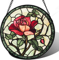 Stained Glass Window Hanging, Red Rose Flowers Sun Catcher for Door Garden Home Decor Suncatcher Christmas Mother's Day Birthday Gifts for Women Lovers Men Wife Girlfriend Mom Nana 11.8 in