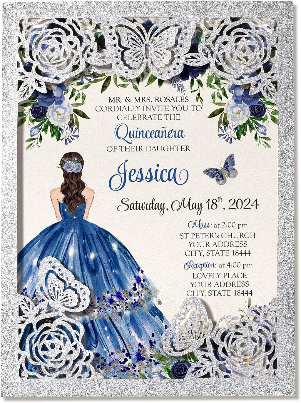 DORIS HOME 50Pcs Glitter Silver Butterfly Quinceanera Invitations, 5" x 7" | Laser Cut, For Quinceanera, Sweet 16, Miss XV, No Inserts Included