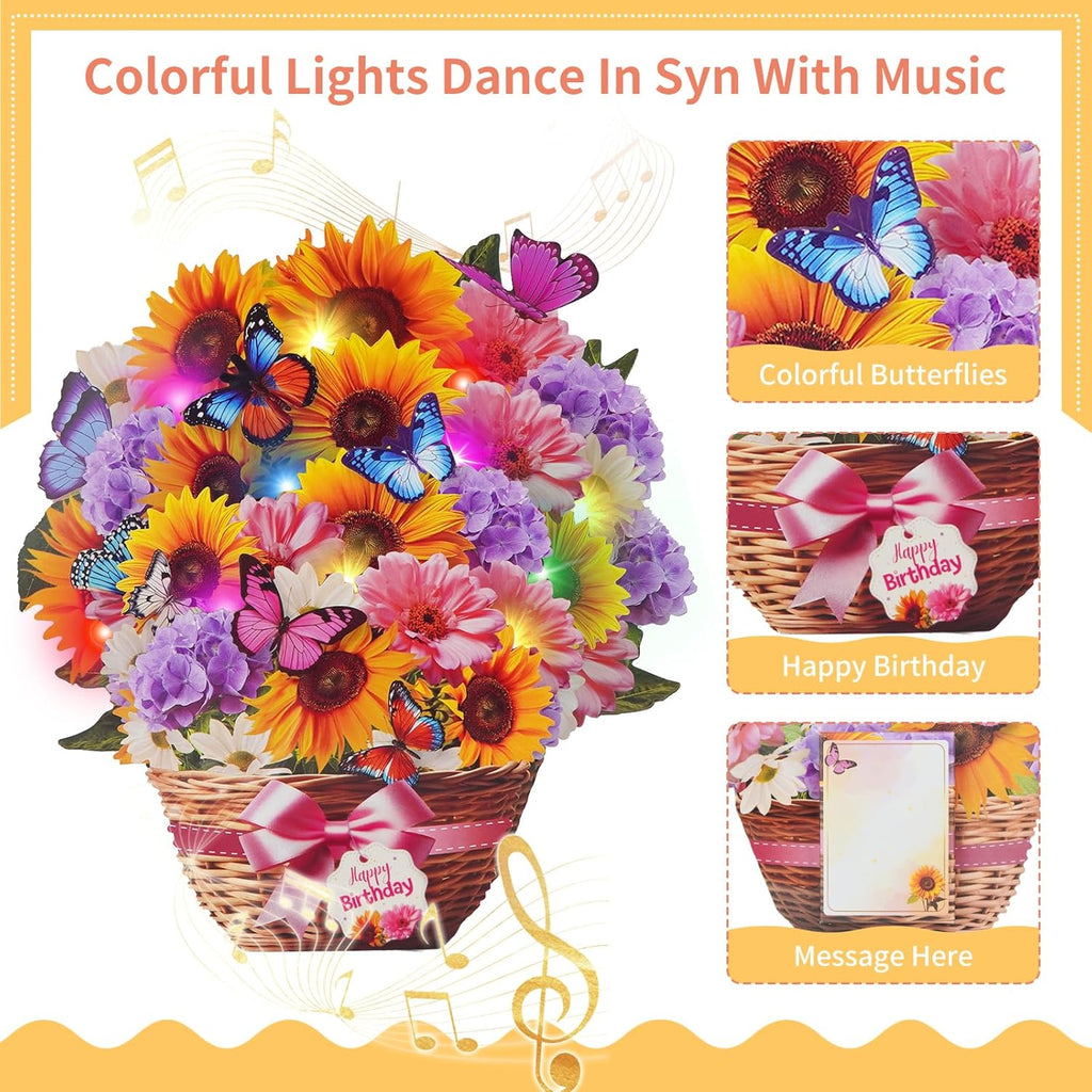MZD8391 Birthday Cards with MUSIC & LIGHTS, Pop Up Happy Birthday Card, Sunflower & Butterfly, 10 Inch Life Sized Forever Flower Bouquet Gifts for Women Mom Grandma