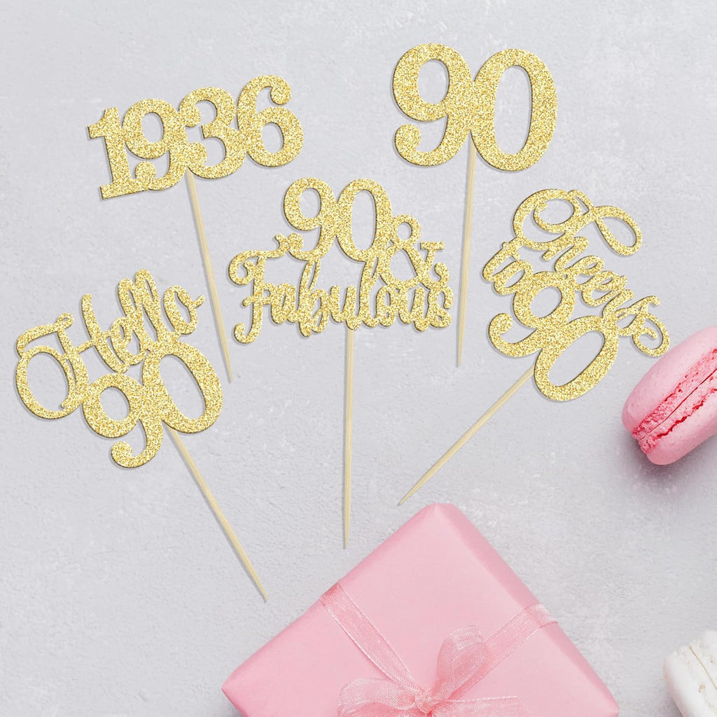 Gyufise 30Pcs 90th Birthday Cupcake Toppers 90 Fabulous Cupcake Picks Cheers to 90 1935 Cake Decorations for Happy 90th Birthday Wedding Anniversary Party Decoration Supplies Gold
