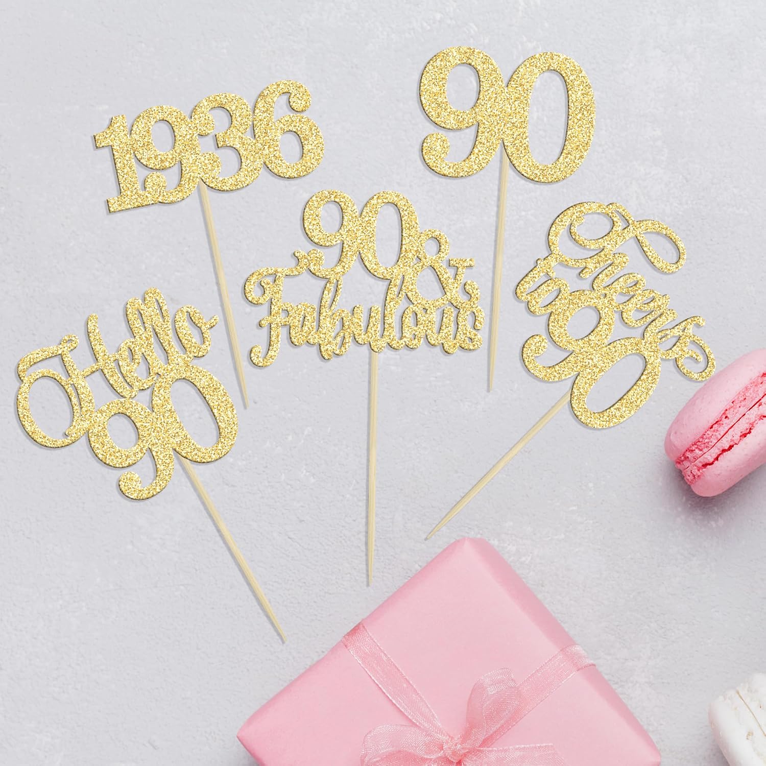 Gyufise 30Pcs 90th Birthday Cupcake Toppers 90 Fabulous Cupcake Picks Cheers to 90 1935 Cake Decorations for Happy 90th Birthday Wedding Anniversary Party Decoration Supplies Gold
