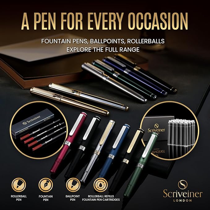 Scriveiner Personalized Black Fountain Pen - Stunning Luxury Pen, Jet Black Lacquer, Real Gold Plating, German Schmidt Nib (Medium), Best Engraved Gift Set for Men & Women, Name Engraving