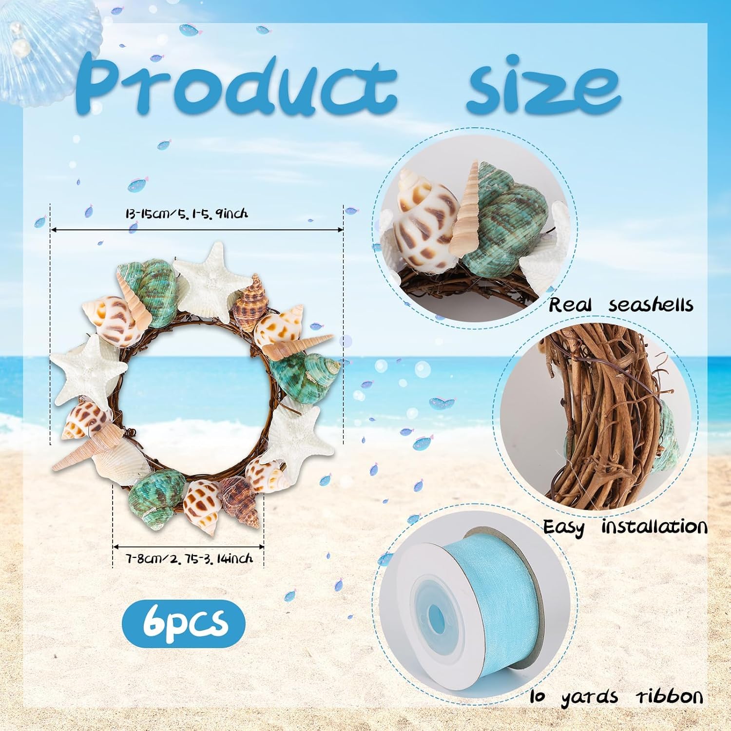 6 Pcs Summer Seashell Mini Starfish Wreath with Ribbon Beach Pillar Candle Holder Natural Shell Hanging Wreath for Front Door Ocean Cruise Wedding Parade Window Fireplace